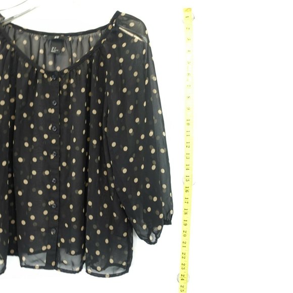 Polka Dot Peasant Blouse Womens XS 2 Black Sheer Button Up Whimsigoth Boho HM - Picture 5 of 9